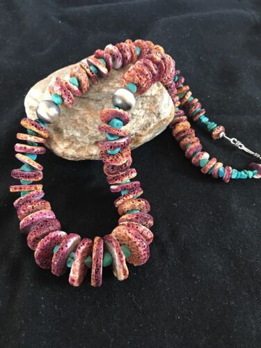 Authentic Native American Navajo Necklace | Purple Spiny Oyster & Turquoise | Sterling Silver | 24" Graduated