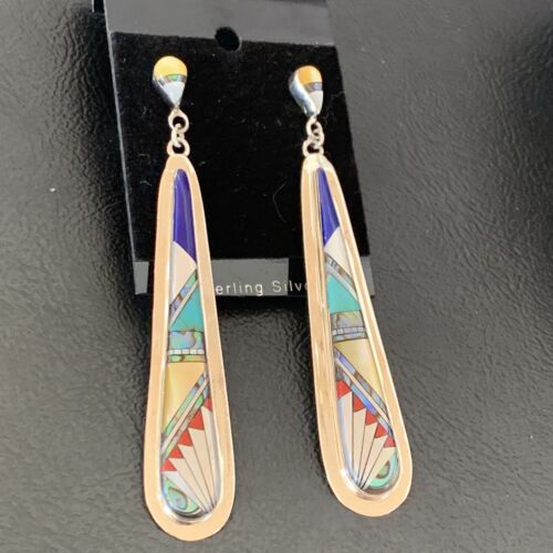 Navajo Multi-Color Turquoise Coral Mother of Pearl Inlay Earrings | Sterling Silver | 3" | 2097