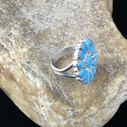 Navajo Blue Kingman Turquoise Cluster Ring | Authentic Native American Sterling Silver | Multi-Stone | Sz 7 | 10112