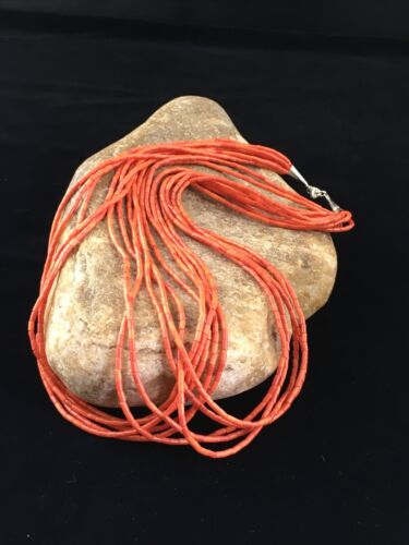 Native American Orange Spiny Heishi Necklace | 10 Strand | Sterling Silver | 20" | 10037