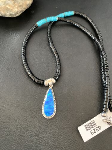 Navajo Opal Pendant Onyx Heishi & Turquoise Necklace | Sterling Silver | Authentic Native American Handmade | 4329