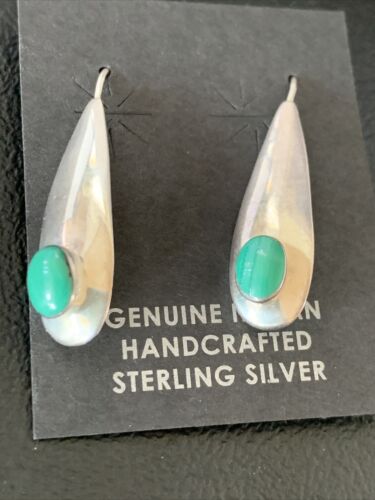 Southwestern Navajo Dangle Earrings | Sterling Silver Green Malachite | Authentic Native American Handmade | 13067