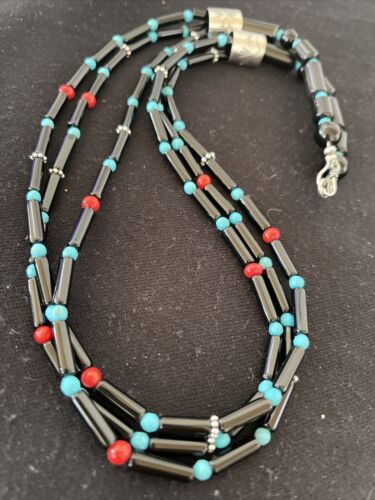 Navajo Black Onyx Coral Turquoise Bead Necklace | 3-Strand Sterling Silver | 24" | 1230