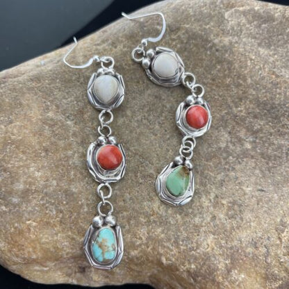 Navajo Spiny, Turquoise & Howlite Dangle Earrings | Sterling Silver | Authentic Native American Handmade | 1634