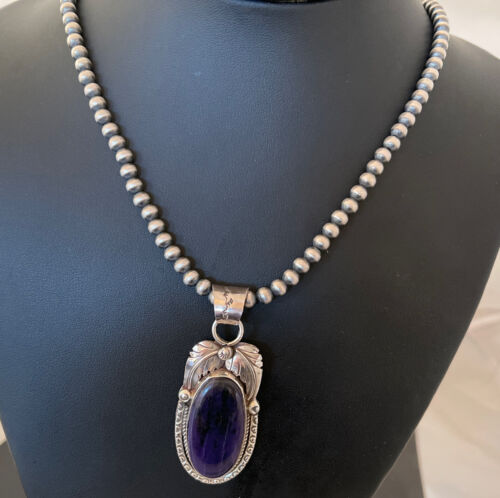 Native American Men's Navajo Pearls Necklace | Sterling Silver Sugilite Pendant | 01529