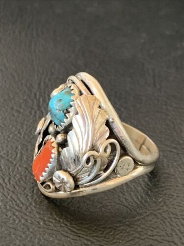 Navajo Blue Kingman Turquoise & Coral Feather Ring | Authentic Native American Sterling Silver | Multi-Stone | Sz 10 | 12218