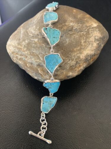 Navajo Blue Kingman Turquoise Rough Link Bracelet | Sterling Silver | 8" | 11652