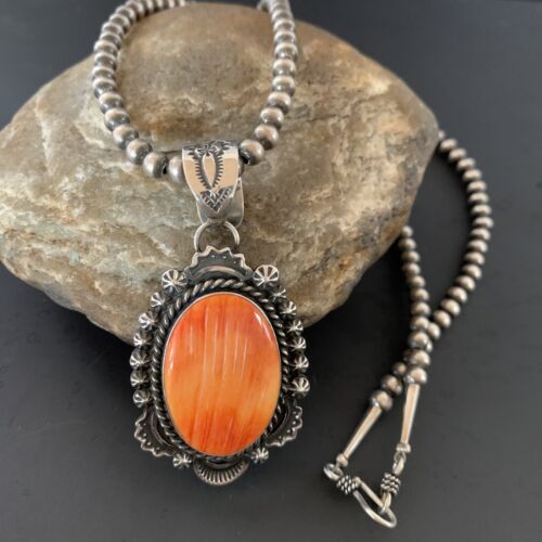 Navajo Pearls Orange Spiny Oyster Necklace Pendant | Sterling Silver | Authentic Native American Handmade | 11301