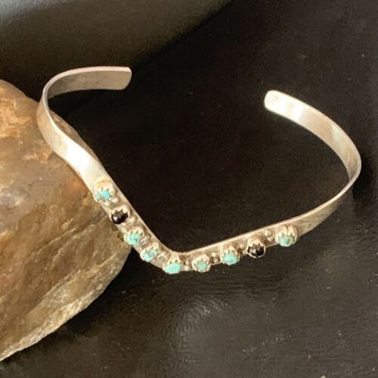Navajo Old Pawn Cuff Bracelet | Sterling Silver | Handmade Blue Turquoise & Onyx | 13583 - Masha USA