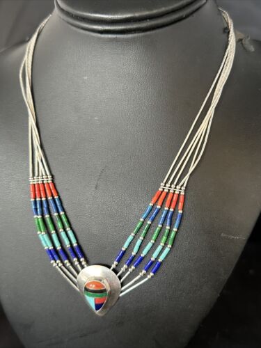 Multi-Color Liquid Silver Heishi 5-Strand Necklace | Sterling Silver Pendant | Native American Handmade | 14824 - Masha USA