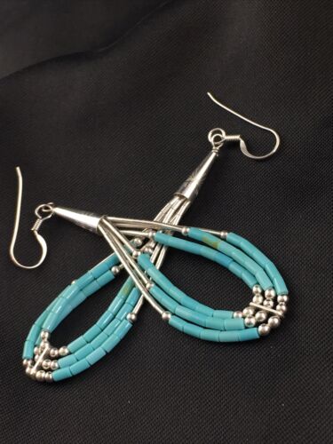 Native American Liquid Silver Heishi Dangle Earrings | Blue Turquoise | Sterling Silver | 2" | 1969