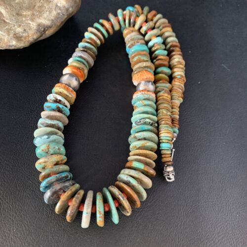 Navajo Green Turquoise & Spiny Oyster Necklace | Sterling Silver | Authentic Native American | 26" | 13907