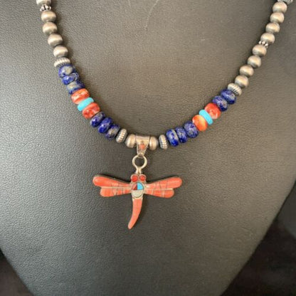 Navajo Dragonfly Pendant | Sterling Silver Turquoise Coral Multi-Color Inlay | Authentic Native American Handmade | 13510 - Masha USA