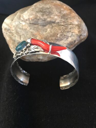 Navajo Spiderweb Turquoise & Coral Bracelet | Sterling Silver | Authentic Native American Handmade | 8366