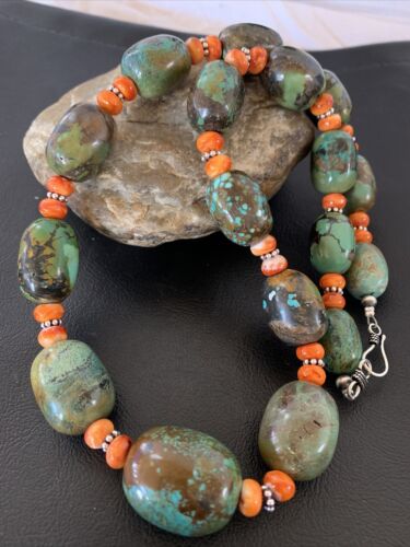 Navajo Green Turquoise & Orange Spiny Oyster Necklace | Sterling Silver | 23" | Authentic Native American Handmade | 1847