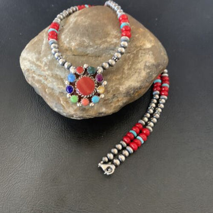 Southwestern Navajo Multi-Stone Necklace | Sterling Silver Coral & Turquoise Pendant | 21" | 12580