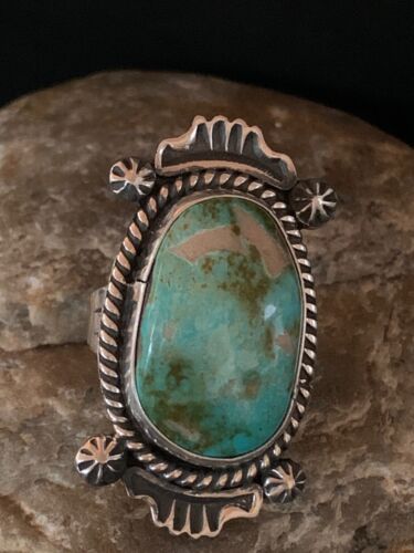 Native American Green Turquoise Ring | Navajo Sterling Silver | Sz 8 | 4139