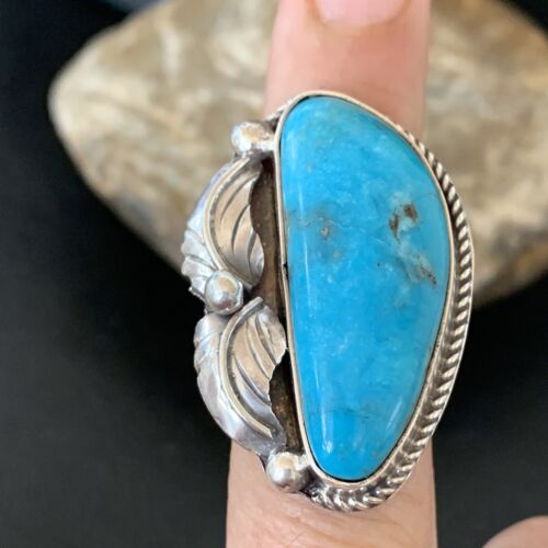 Navajo Blue Kingman Turquoise Ring | Sterling Silver Feather | Sz 7.5 | Authentic Native American Handmade | 10851