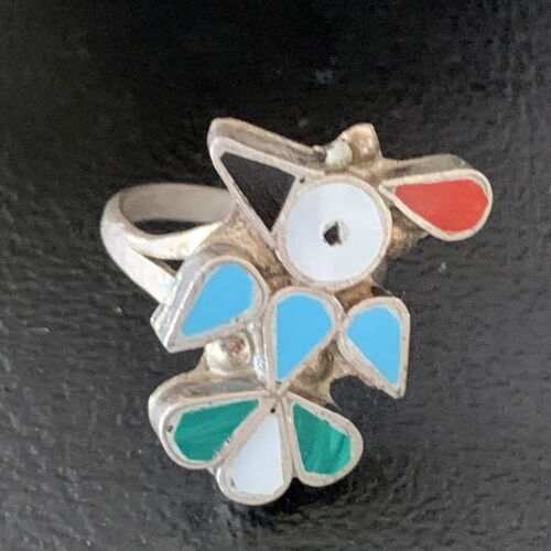 Zuni Peyote Bird Ring | Sterling Silver Coral Turquoise Onyx Mother of Pearl Inlay | Sz 5 | 10213