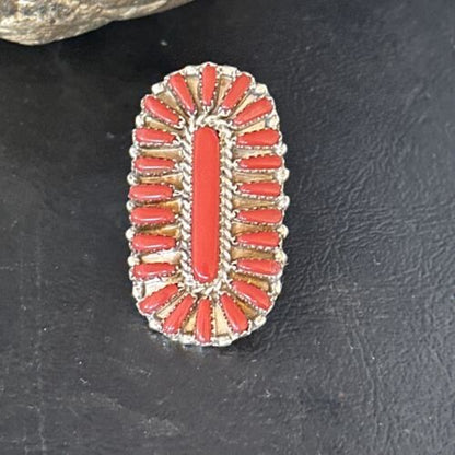 Navajo Red Coral Multi-Stone Cluster Ring | Authentic Native American Sterling Silver | Sz 8 | 14571