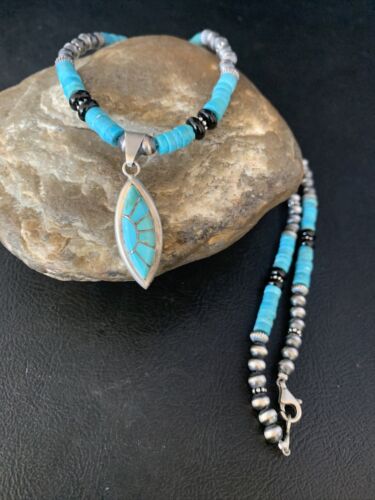 Navajo Inlay Blue Turquoise Onyx Inlay Pendant Necklace | Sterling Silver | Authentic Native American Handmade | 13797