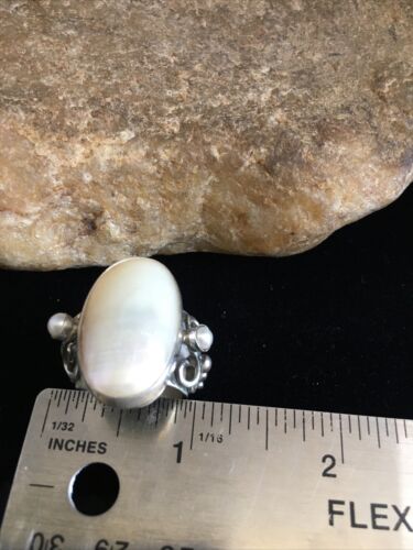 Southwestern Navajo White Mabe Pearl Ring | Sterling Silver | Sz 8 | Authentic Native American Handmade | 01722