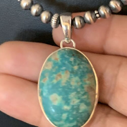 Navajo Blue Turquoise Pendant Necklace | Sterling Silver | Authentic Native American Handmade | 13868