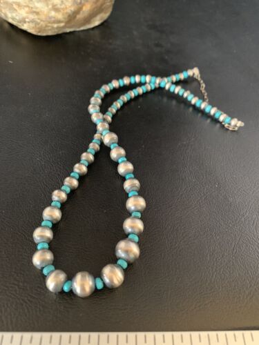 Navajo Pearls Graduated Blue Turquoise Bead Necklace | Sterling Silver | 16" | 13593