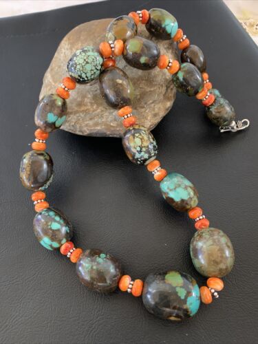Navajo Green Turquoise & Orange Spiny Oyster Necklace | Sterling Silver | 23" | 1845