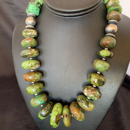 Navajo Chunky Graduated Green Turquoise Necklace | Sterling Silver | Authentic Native American | 19" | 11358