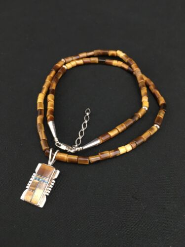 Authentic Native American Tigers Eye Inlay Pendant | Navajo Sterling Silver Necklace | 21" | 4895