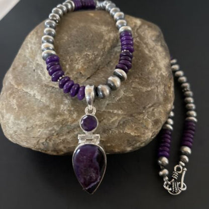 Navajo Pearls Necklace with Purple Sugilite Pendant | Sterling Silver | Multi-Stone | 11334