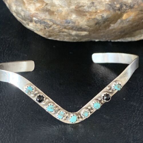 Navajo Old Pawn Cuff Bracelet | Sterling Silver | Handmade Blue Turquoise & Onyx | 13583