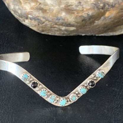 Navajo Old Pawn Cuff Bracelet | Sterling Silver | Handmade Blue Turquoise & Onyx | 13583 - Masha USA