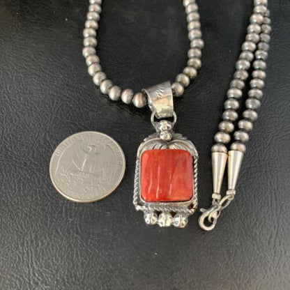 Navajo Red Spiny Oyster Square Pendant Necklace | Sterling Silver | Authentic Native American Handmade | 13634