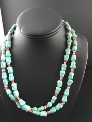 Native American Sterling Silver Blue Turquoise Spiny Oyster Necklace | 18" | 10062