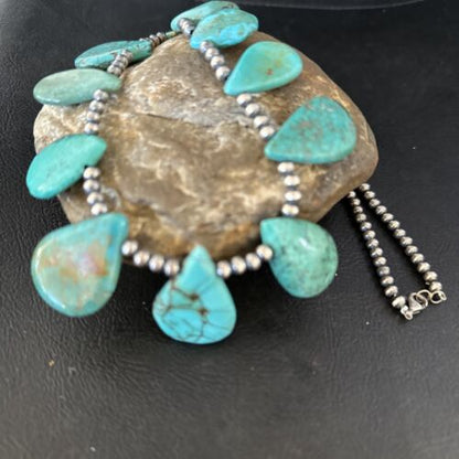 Navajo Teardrop Blue Turquoise Necklace | Sterling Silver Pearls | Authentic Native American Handmade | 14389