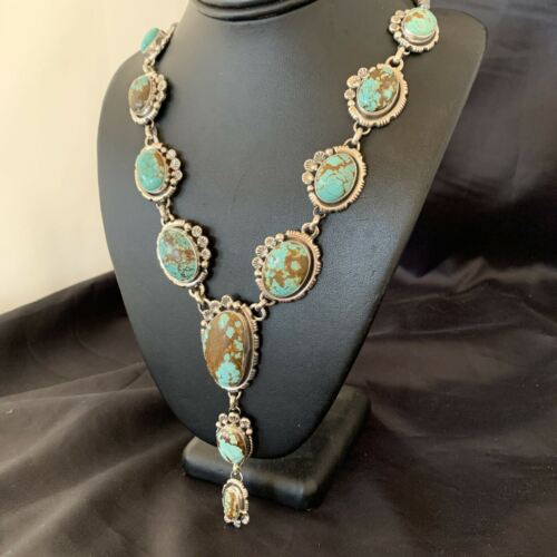 Navajo Blue Turquoise #8 Lariat Necklace | Sterling Silver | Native American Handmade | 10759