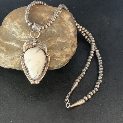 White Buffalo Turquoise Pendant Necklace | Sterling Silver | Navajo | Authentic Native American Handmade | 14049