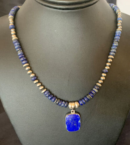 Native American Navajo Blue Lapis Pendant Necklace | Sterling Silver | Authentic Handmade | 12250 - Masha USA