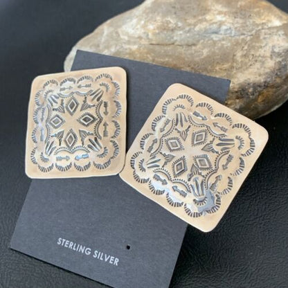 Southwestern Women's Navajo Earrings | Sterling Silver Stamped | Authentic Native American Handmade | 1676