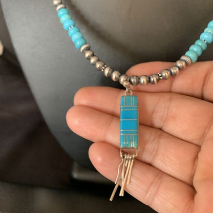 Navajo Blue Turquoise Inlay Pendant Necklace | Sterling Silver | Native American Handmade | 13836