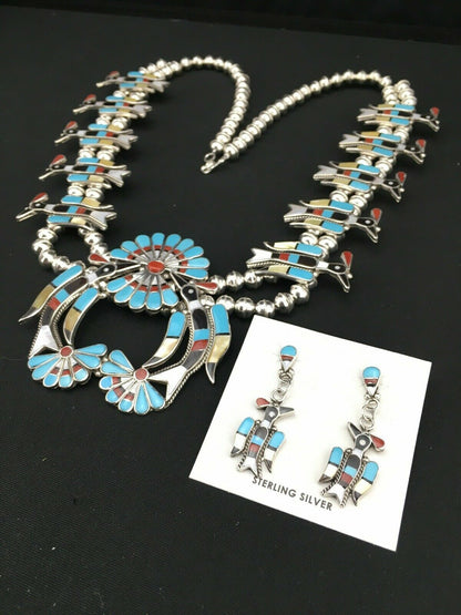 Zuni Peyote Bird Turquoise Squash Blossom Necklace Set | Sterling Silver | Native American Handmade | 1313
