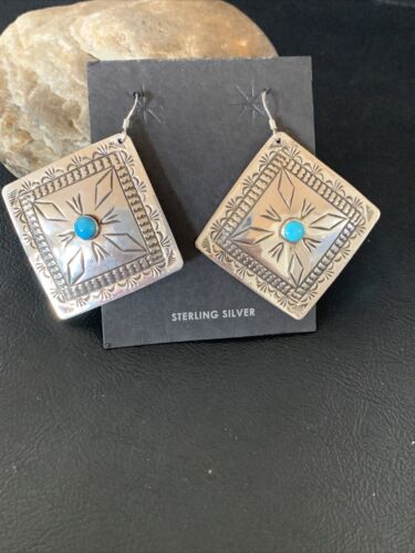 Navajo Blue Turquoise Earrings | Stamped Sterling Silver | Authentic Native American Handmade | 12912