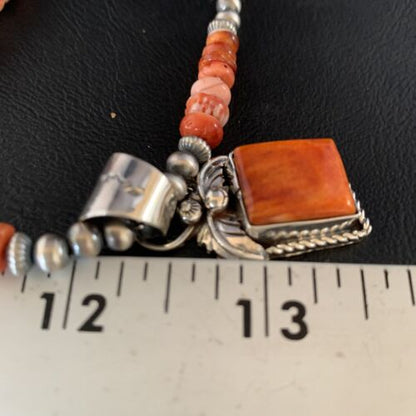 Navajo Pearls Red Spiny Oyster Pendant Necklace | Sterling Silver | 20" | Authentic Native American Handmade | 13654