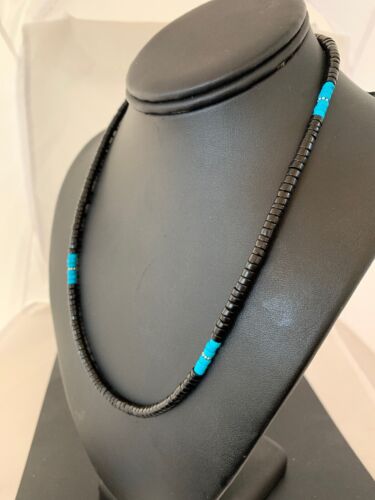 Navajo Blue Turquoise Heishi Onyx Necklace | Sterling Silver | Authentic Native American Handmade | 19" | 8823