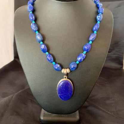 Navajo Blue Lapis Turquoise Pendant Necklace | Sterling Silver | 20" | Authentic Native American Handmade | 10522