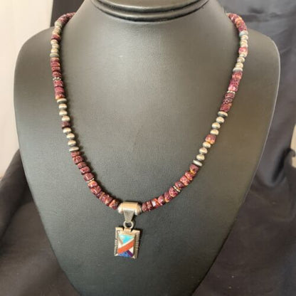 Navajo Multi-Color Inlay Pendant | Sterling Silver Purple Spiny Oyster Necklace 21" | 12359