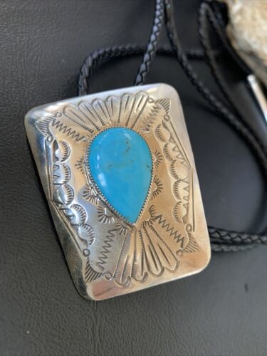 Men's Bolo Tie | Navajo Blue Kingman Turquoise | Sterling Silver | Authentic Native American Handmade | 12146