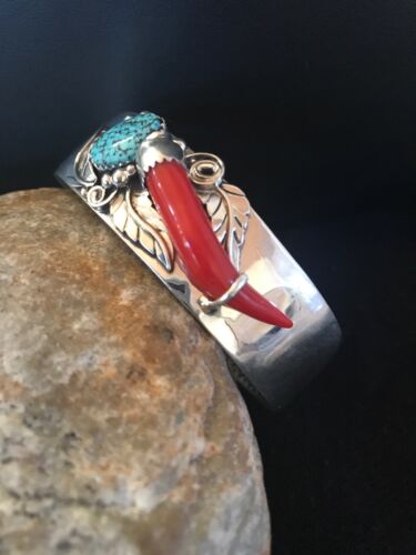 Navajo Spider Web Turquoise Coral Bracelet | Sterling Silver | Authentic Native American Handmade | 11716